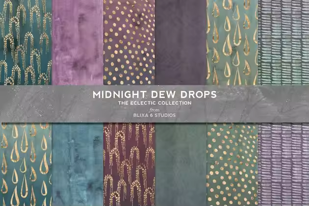 午夜露珠水彩黄金背景纹理 Midnight Dewdrops Watercolor & Gold