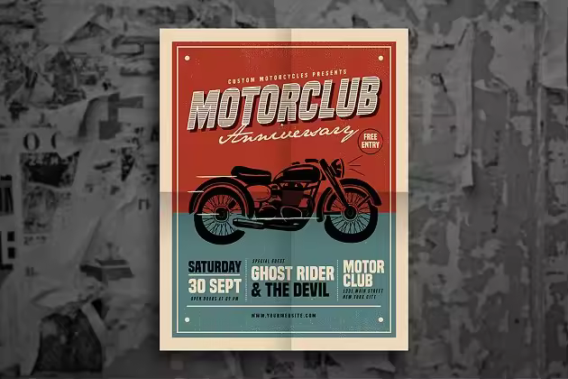 复古机车俱乐部活动海报传单模板 Retro Motorclub Event Flyer