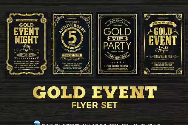 金色字体活动传单模板 Gold Event Flyers Set