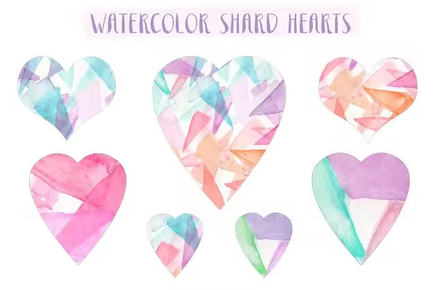 水彩手绘心形透明背景剪贴画 Watercolor Shard Hearts