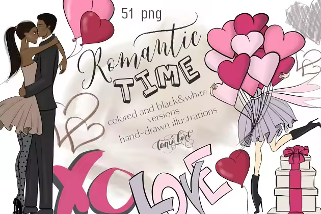 浪漫主义时代手绘剪贴画 Romantic Time Clipart