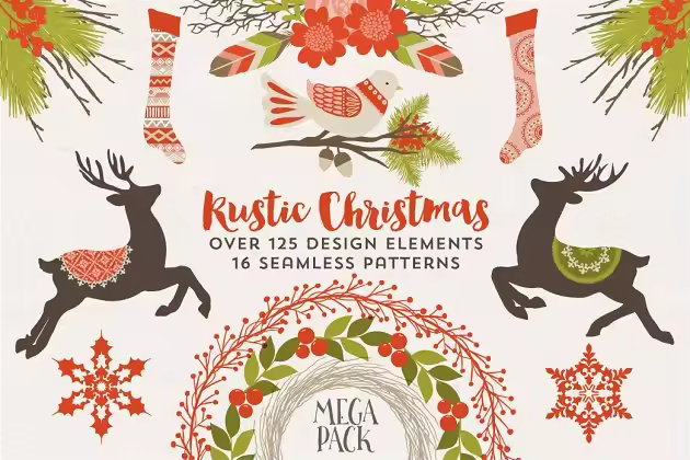 乡村圣诞矢量图形与无缝图案纹理 Rustic Christmas Graphics & Patterns