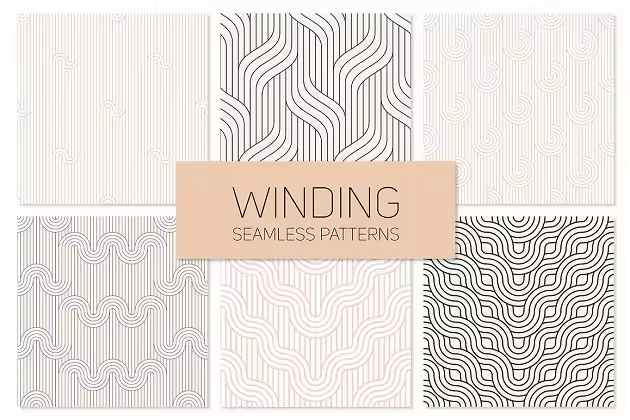 曲线线条几何图形花样素材 Winding Seamless Patterns. Set 2