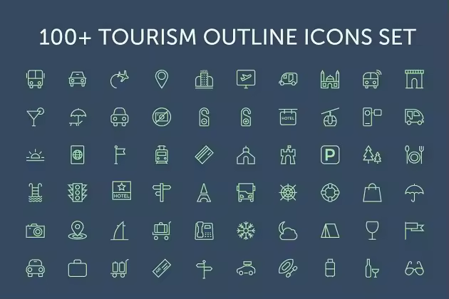 100枚旅游主题线条图标 100+ Tourism Outline Icons Set