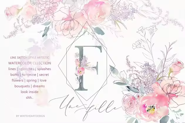 极力推荐：梦幻水彩花卉&涂鸦线条素材包 Une Fille Watercolor Artistic Set [2.7GB]