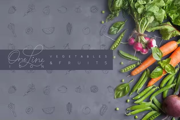 手绘钢笔线条风格水果蔬菜图标 One Line Vegetables & Fruit