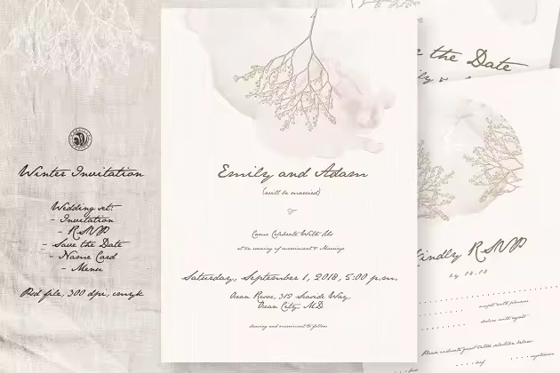 冬季婚礼邀请函设计模板套装 Winter Wedding Invitation