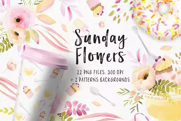 清新淡雅风格水彩花卉插画素材 Sunday’s Flowers