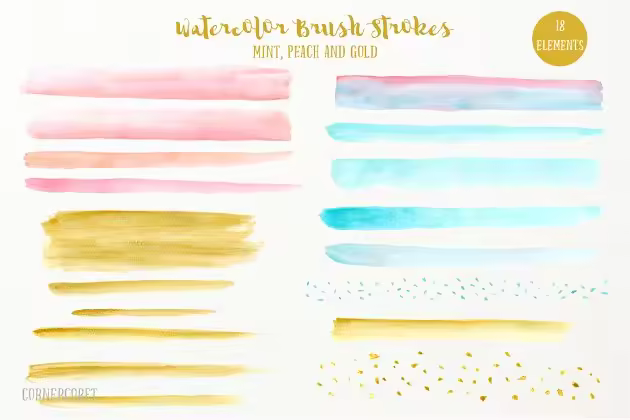 清新浅色调水彩笔刷插画 Brush Stroke Peach Mint Gold