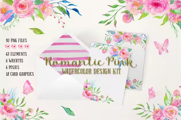 浪漫粉色水彩设计套装 Design Kit Romantic Pink Watercolor