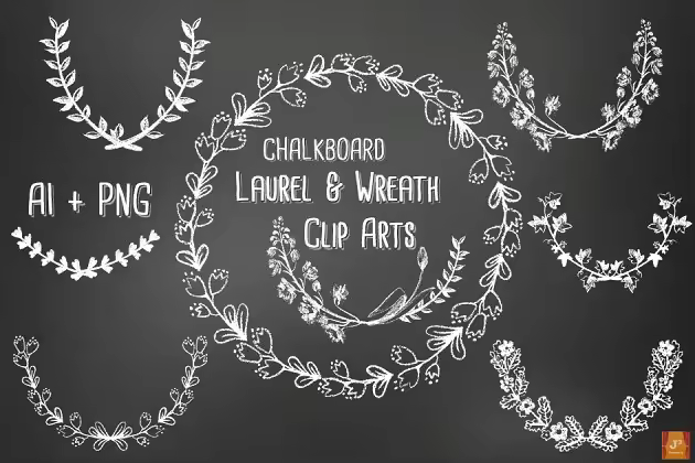粉笔手绘黑板风格月桂花环剪贴画 Vector PNG Chalkboard style Wreaths