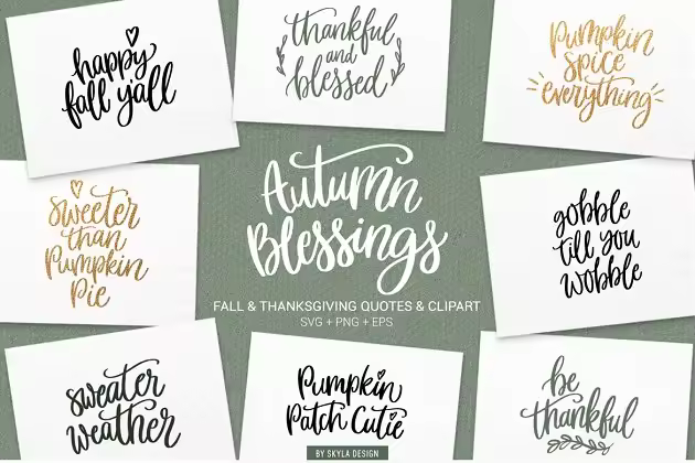 感恩节秋季祝福语剪贴画SVG素材 Thanksgiving Fall Quotes Clipart SVG