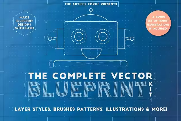 蓝图设计图风格设计工具包 The Complete Vector Blueprint Kit