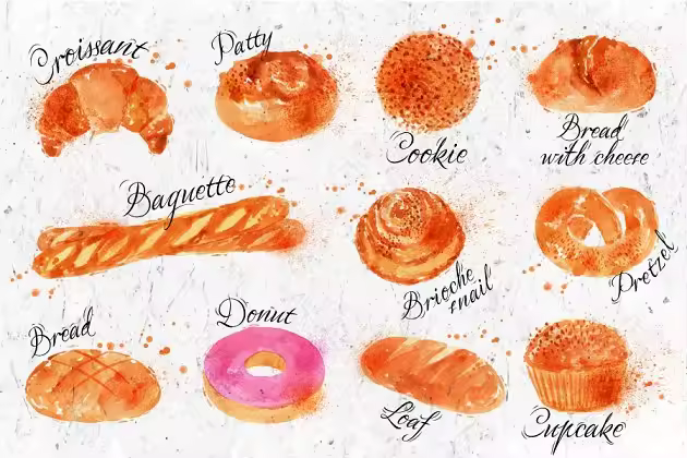 手绘水彩烘焙面包剪贴画合集 Bread products watercolor