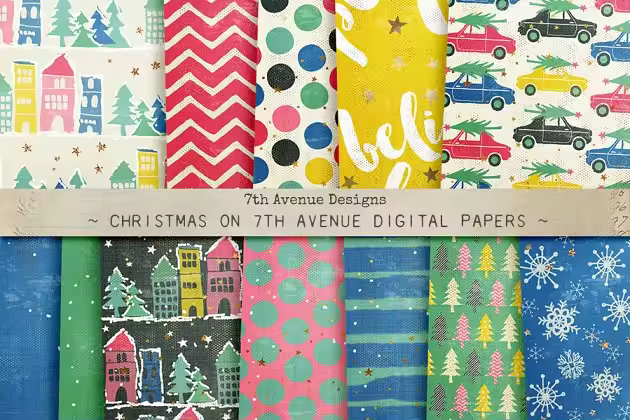圣诞主题礼品包装纸张图案纹理 Christmas on 7th Avenue Papers