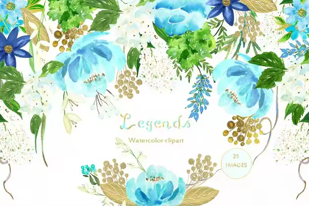 金色和蓝色水彩花卉插画 Gold & ligh blue. Watercolor flowers