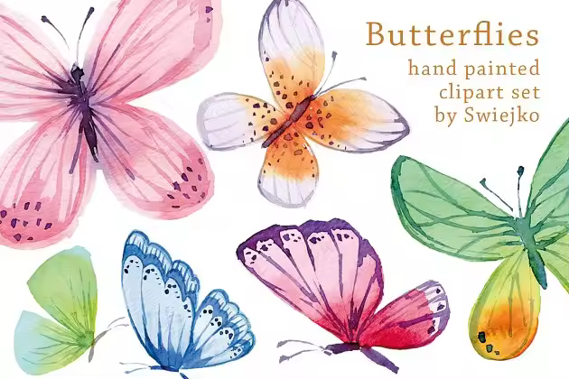 美丽浪漫的手绘水彩蝴蝶插图 Watercolor Butterflies