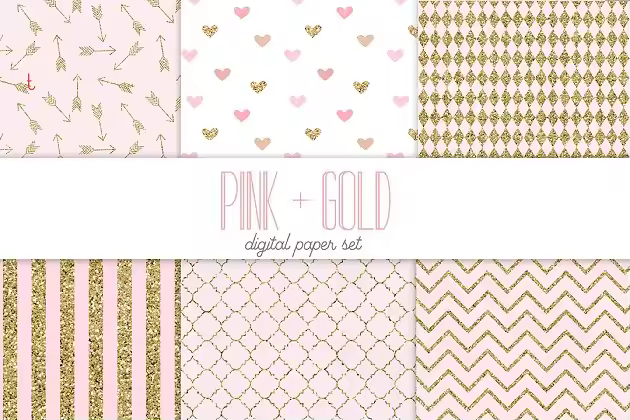 粉色/金色礼品包装纸图案素材 Pink and gold digital paper