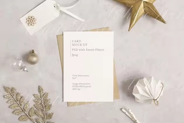 现代极简主义5 x7″圣诞节金色贺卡样机模板 5×7" card mock up – Gold Christmas