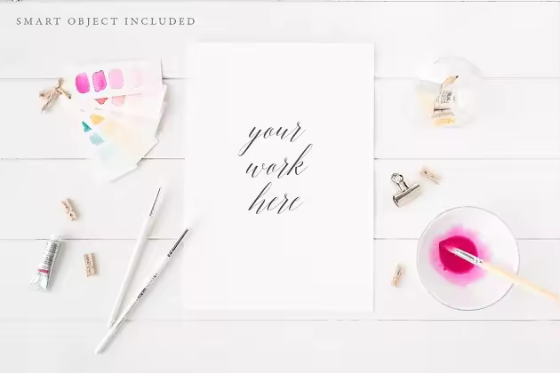 水彩材料装饰便签样机模板 Watercolour artist mock up – Pink A4