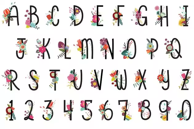 漂亮的手绘花卉字母&数字 Floral Letters & Numbers Vector, PNG