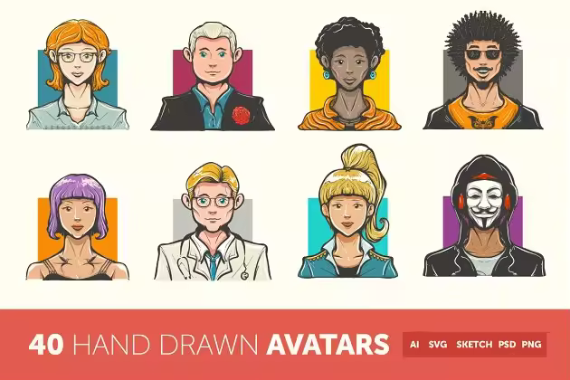 40枚手绘头像图标 Hand Drawn Avatar Icons