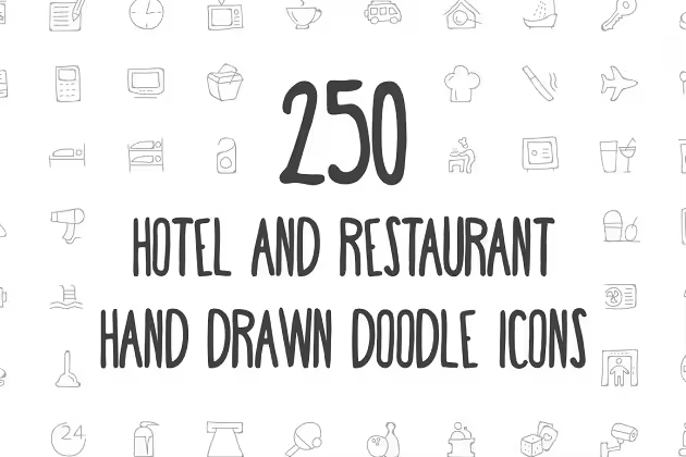 250枚酒店&餐厅涂鸦风格图标素材 250 Hotel and Restaurant Doodle Icon