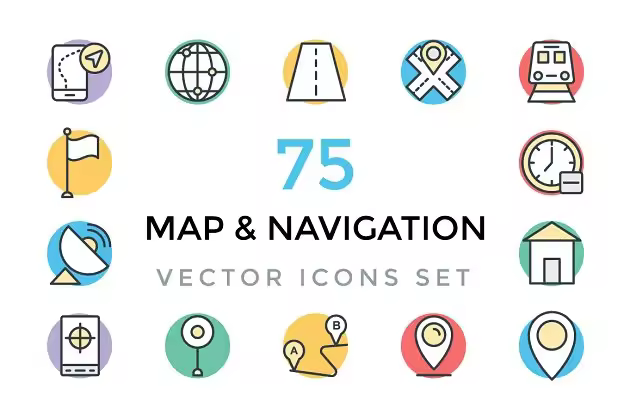 75个粗线条地图导航矢量彩色图标 75 Maps and Navigation Vector Icons