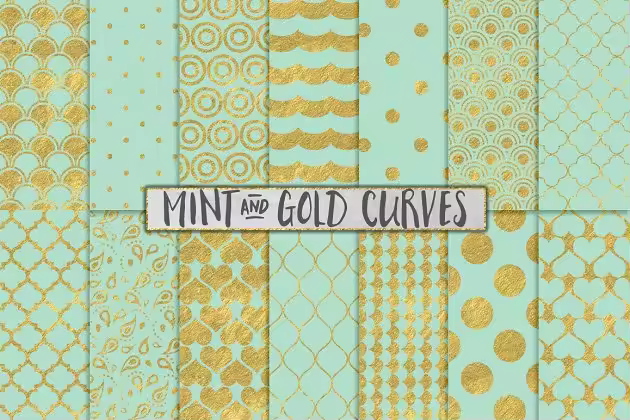 金属薄荷绿背景金箔曲线形状图案 Mint and Gold Foil Backgrounds