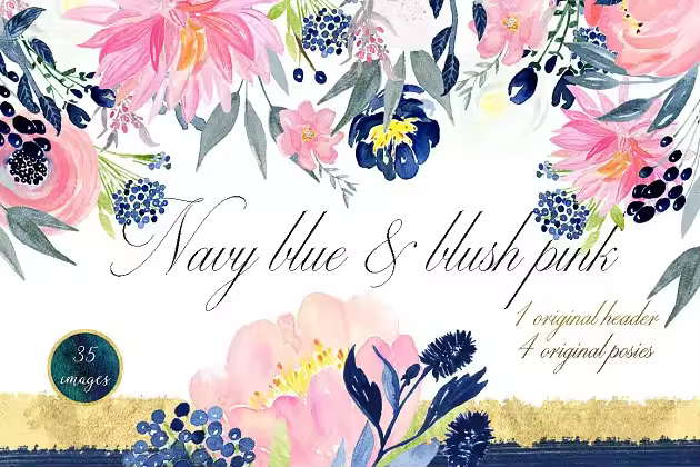 浪漫海军蓝粉色花卉水彩剪贴画合集 Navy blue and blush pink flowers