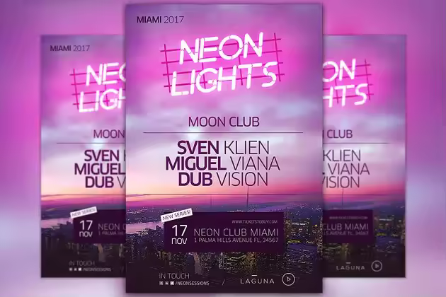 霓虹灯城市俱乐部夜店宣传海报设计模板 Neon City Club Flyer and Poster