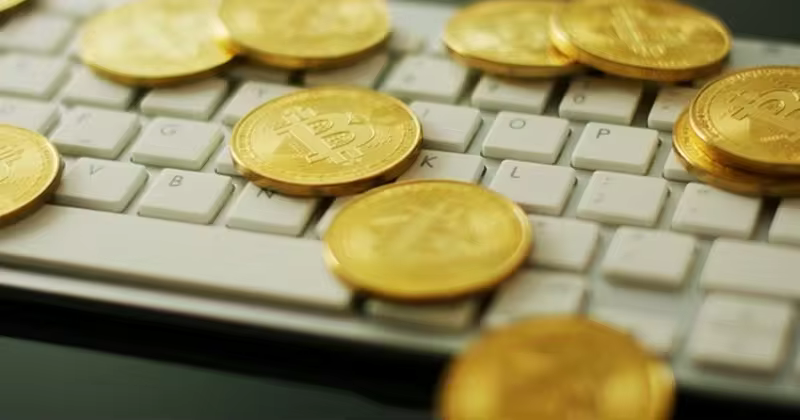 金色比特币高清背景视频素材 Golden Bitcoins on Keyboard