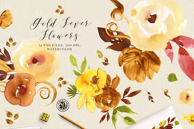 金色手绘水彩画插画 Gold Fever Flowers
