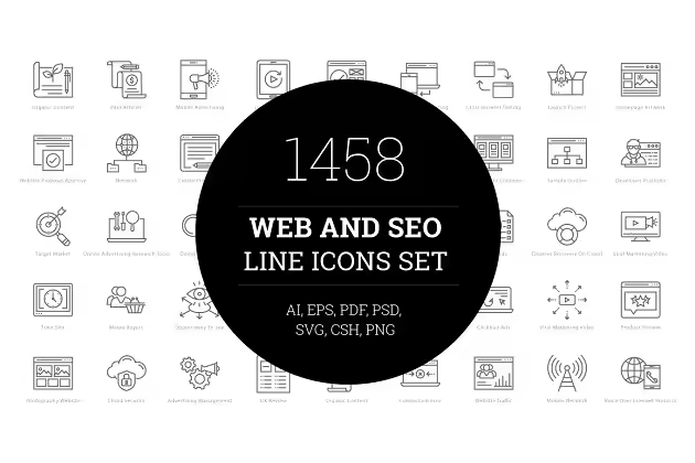 1458个Web&Seo网络营销主题线条图标 1458 Web and Seo Line Icons Set