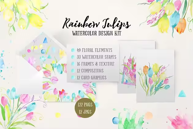 彩虹郁金香水彩插画设计套装 Design Kit Rainbow Tulip