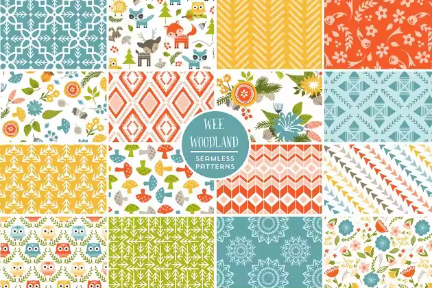 可爱的森林动物花卉几何背景 Cute Wee Woodland Repeat Patterns