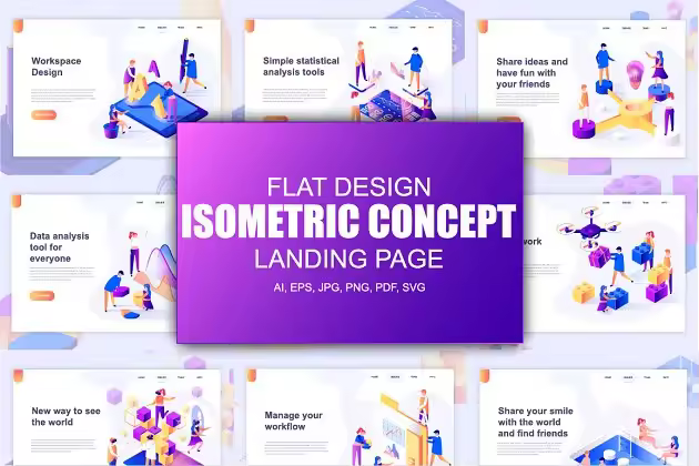 3D移动网站等距概念登录页模板 Landing Page Templates