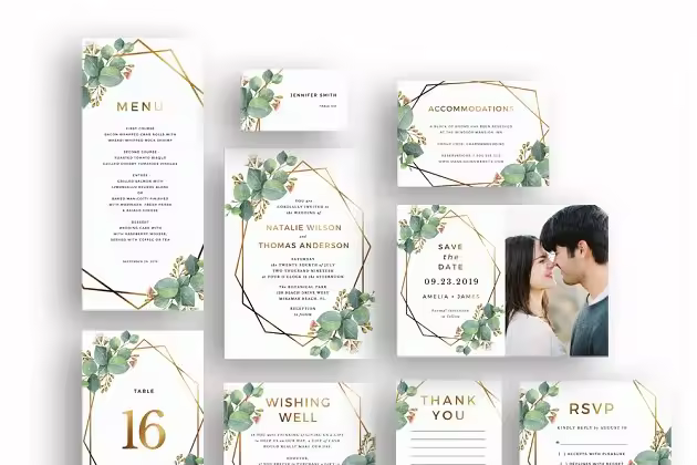黄金比例设计婚礼邀请物料设计模板 Eucalyptus Gold Geometric Frame