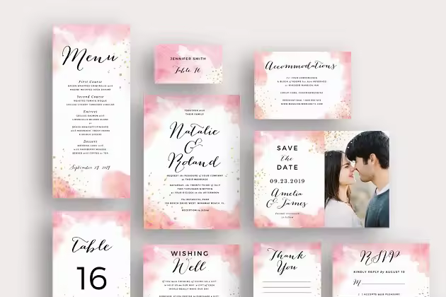 桃红色水彩婚礼邀请物料设计套装 Peach Watercolor Gold Splashes