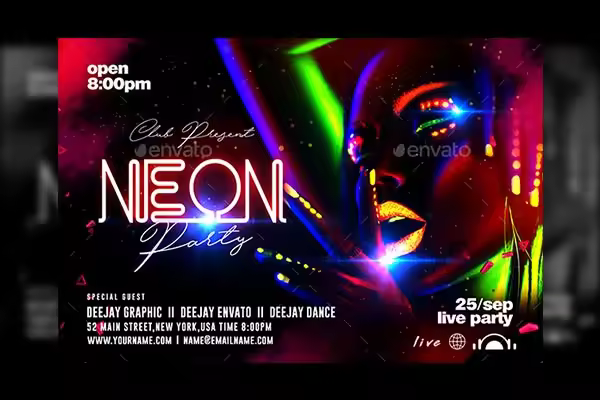 霓虹灯效果的派对海报模板下载 Neon Party Flyer [PSD]