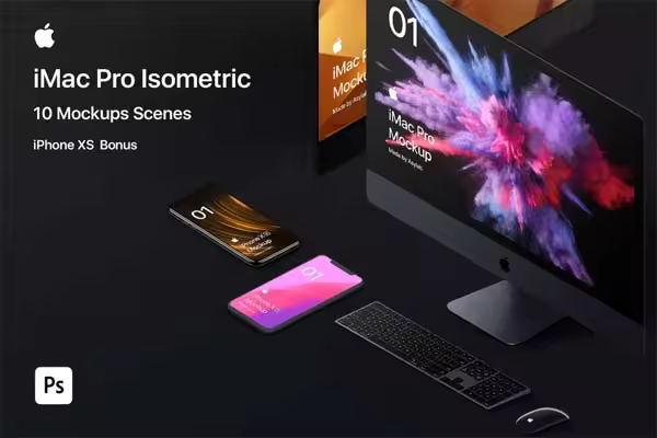 精品：高品质多角度酷炫iMac Pro  电脑样机模型 [PSD,2.77GB]