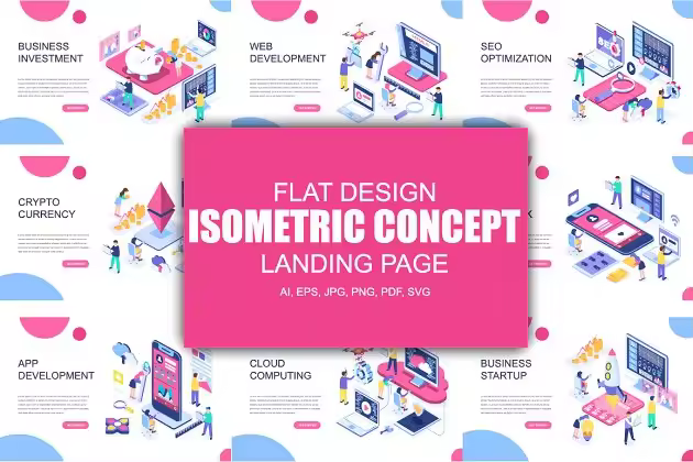 现代平面等距着陆页模板 Isometric Landing Page Templates