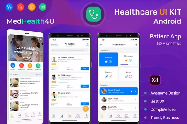小咖下午茶：安卓Android版健康医疗相关功能的 APP UI KIT 模板套装下载[XD]