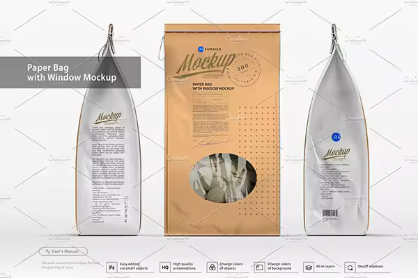 高品质的包装纸袋展示样机 Paper Bag with Window Mockup [psd]