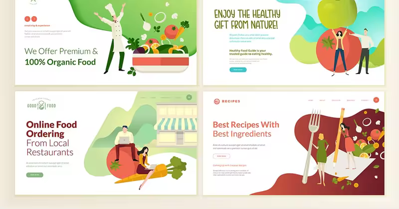 美食饮料主题网站设计概念插画素材 Web Page Design Templates for Food and Drink