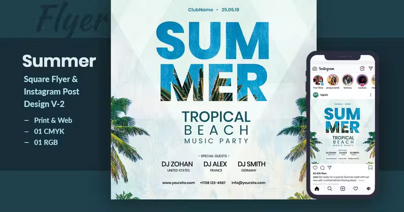 夏季音乐会主题传单海报＆电子海报设计模板 Tropical Sound Flyer & Instagram Post Template V-2