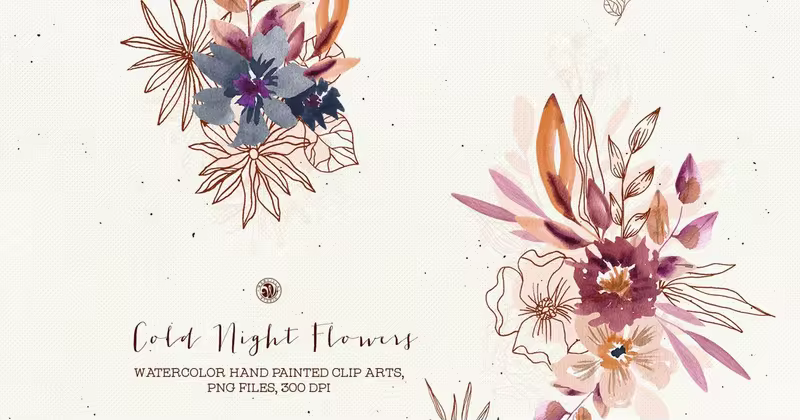 寒夜花卉手绘矢量插画剪贴画素材 Cold Night Flowers