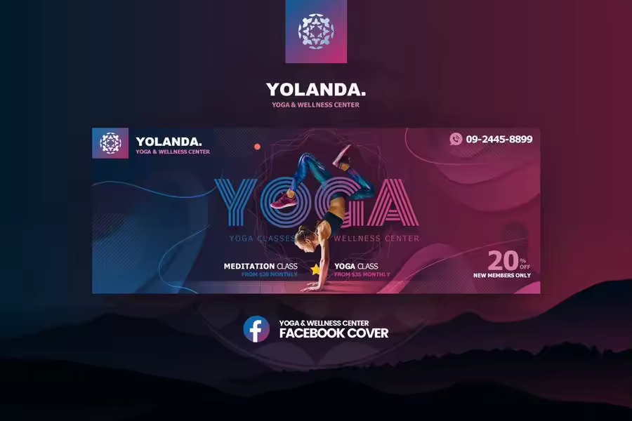 瑜伽&健身俱乐部社交推广广告设计模板 Yolanda-Yoga & Wellness Facebook Cover Template