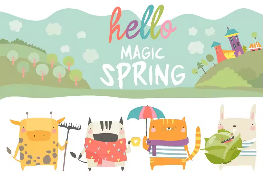 春季可爱卡通动物矢量插画素材 Vector set of cute animals with spring theme