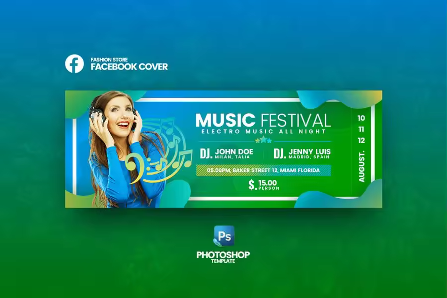 大型音乐节主题活动社交媒体主页封面设计模板 Music Festival Facebook Cover Template